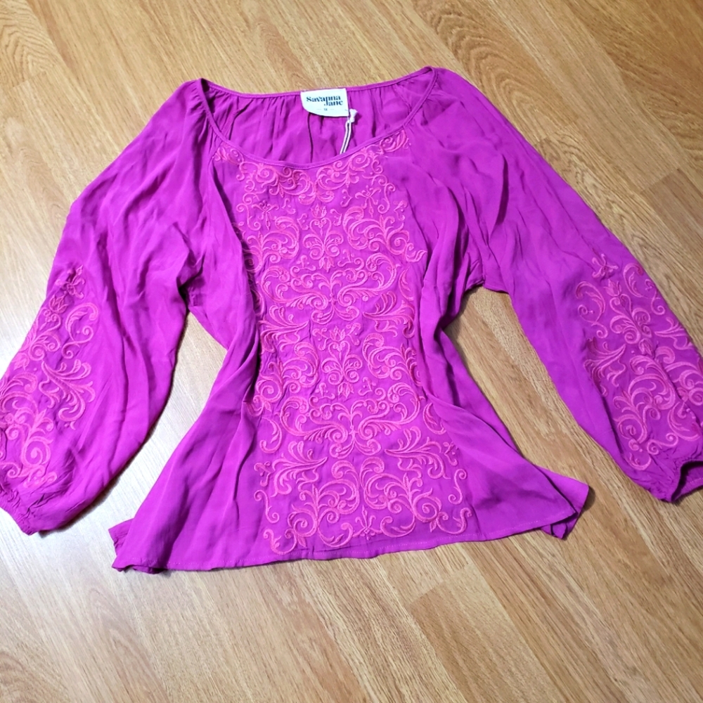 Hot Pink Embroidered Puff Sleeve Scoop Neck Blouse